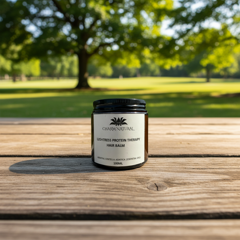 Jar of Charm Natural hair balm on a wooden surface with a park background
